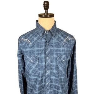 Wrangler Rock 47 Mens Blue Barbed Wire Embroidered Western Snap Shirt L MRC213M